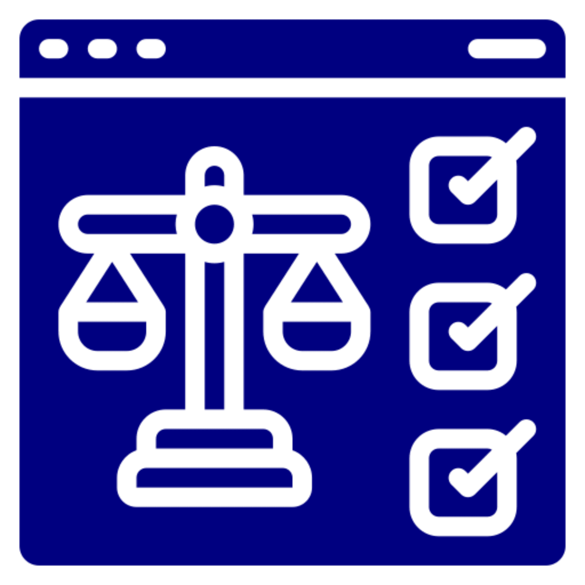 Scales and checklist icons on blue background.